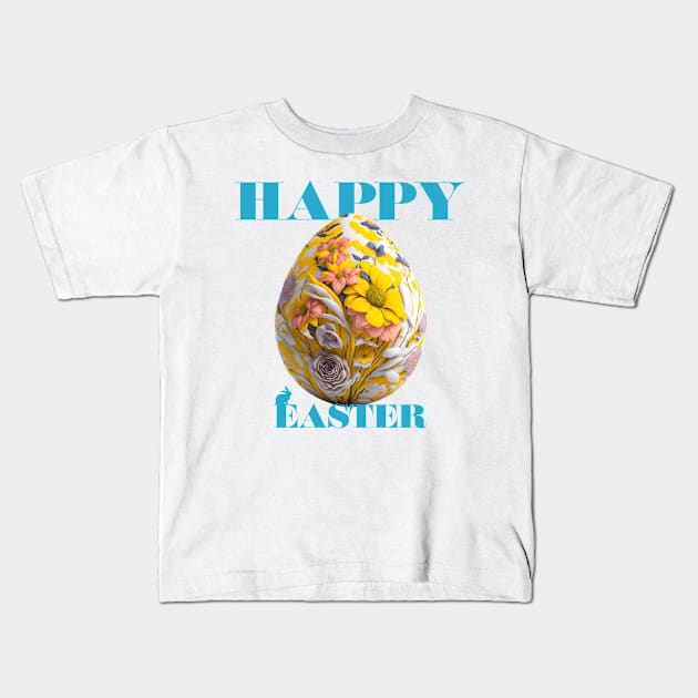 Happy Easter Egg Design with Floral Elements Kids T-Shirt by ZEFMAG